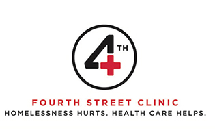 fourth street clinic logo. A number 4 made up of a red plus sign and a black triangle connecting them surrounded by a circle. 