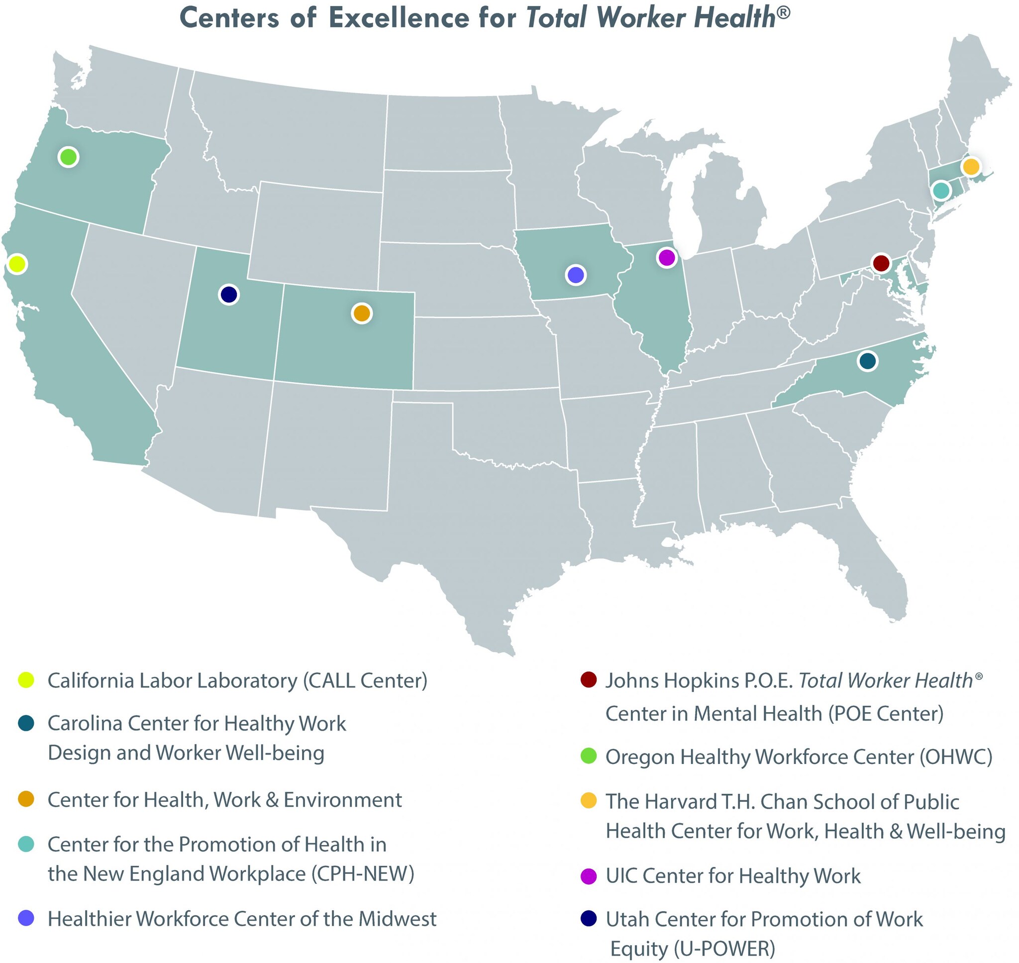 A map of the United States depicting the 10 Centers of Excellence in TWH 