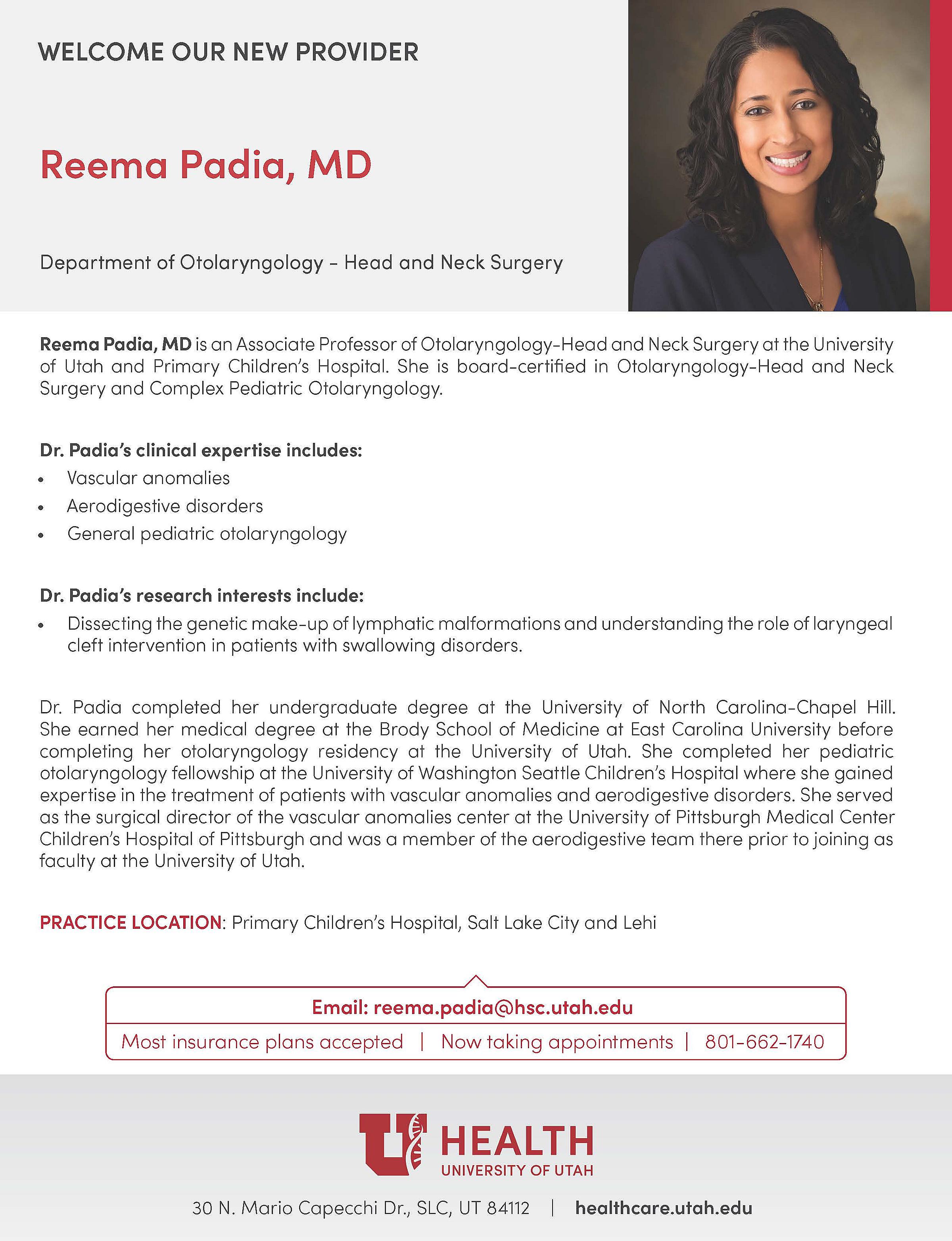 Reema Padia, MD Department of Otolaryngology-Head and Neck Surgery