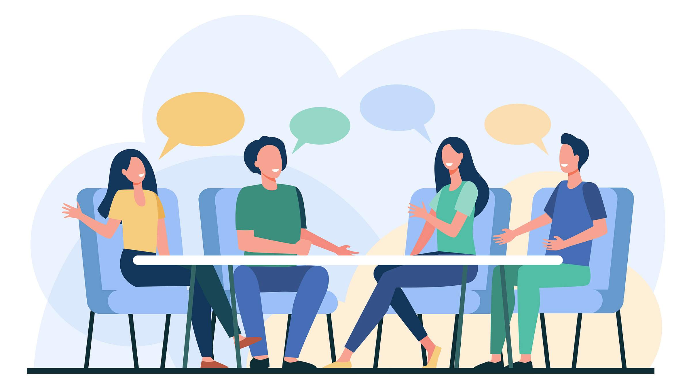 Illustration of people sitting around a table talking. 