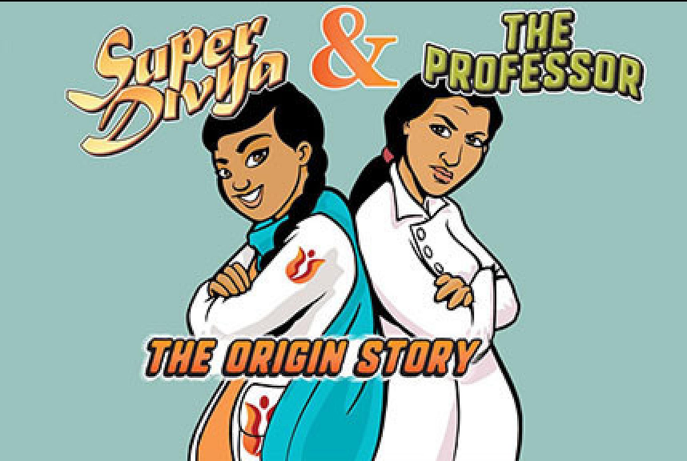 Graphic novel characters Super Divya and Professor Agni standing back to back