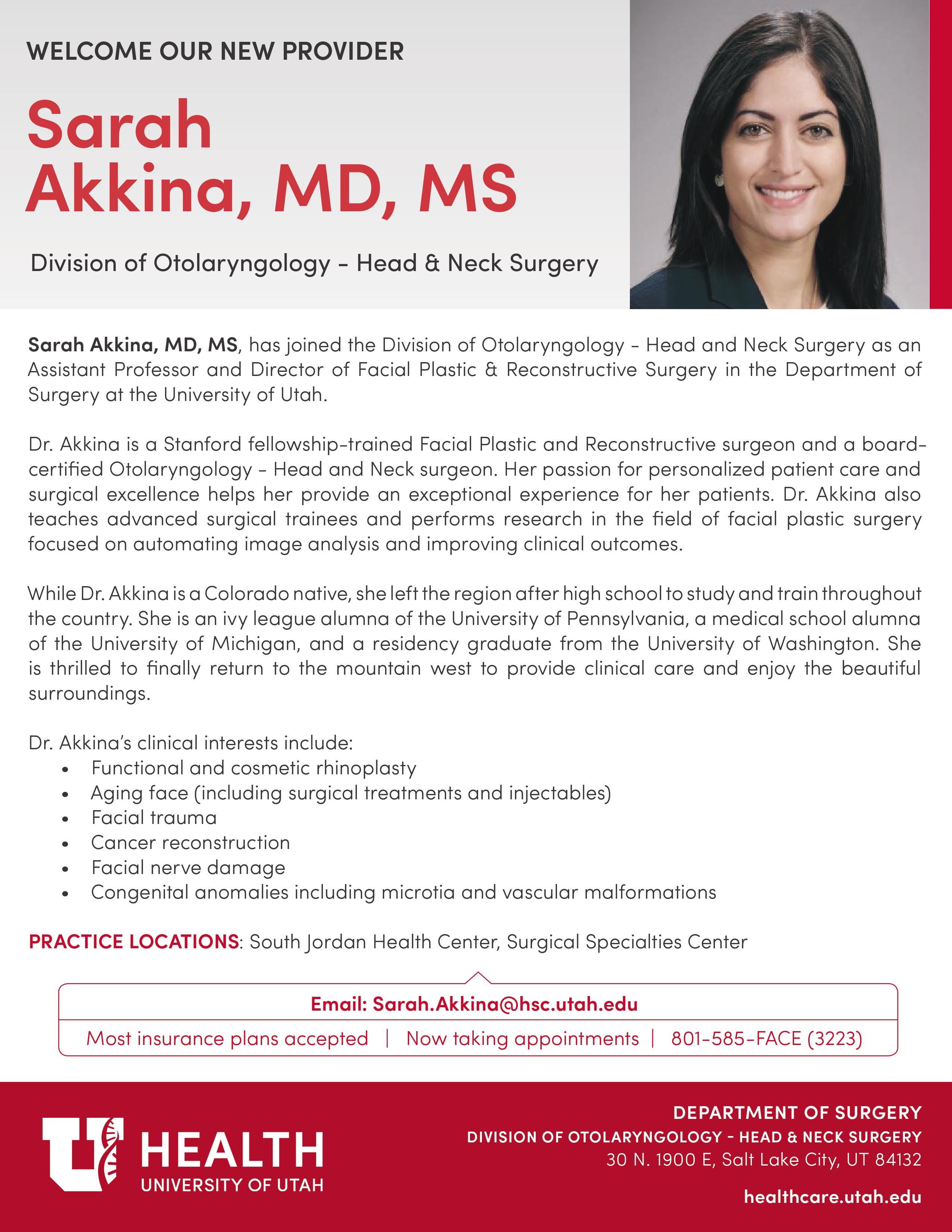 Sarah Akkina, MD, MS Otolaryngology Flyer