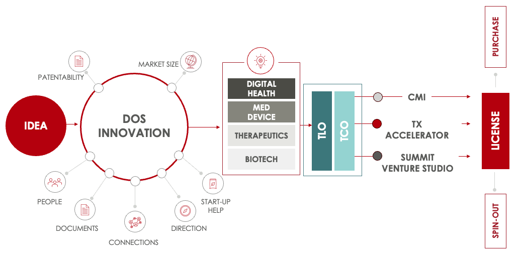 graphic illustration showing how the innovation team goes from idea to the elements of innovation through devices, technicala offices, accelrator and then licensing, purchase or spin out