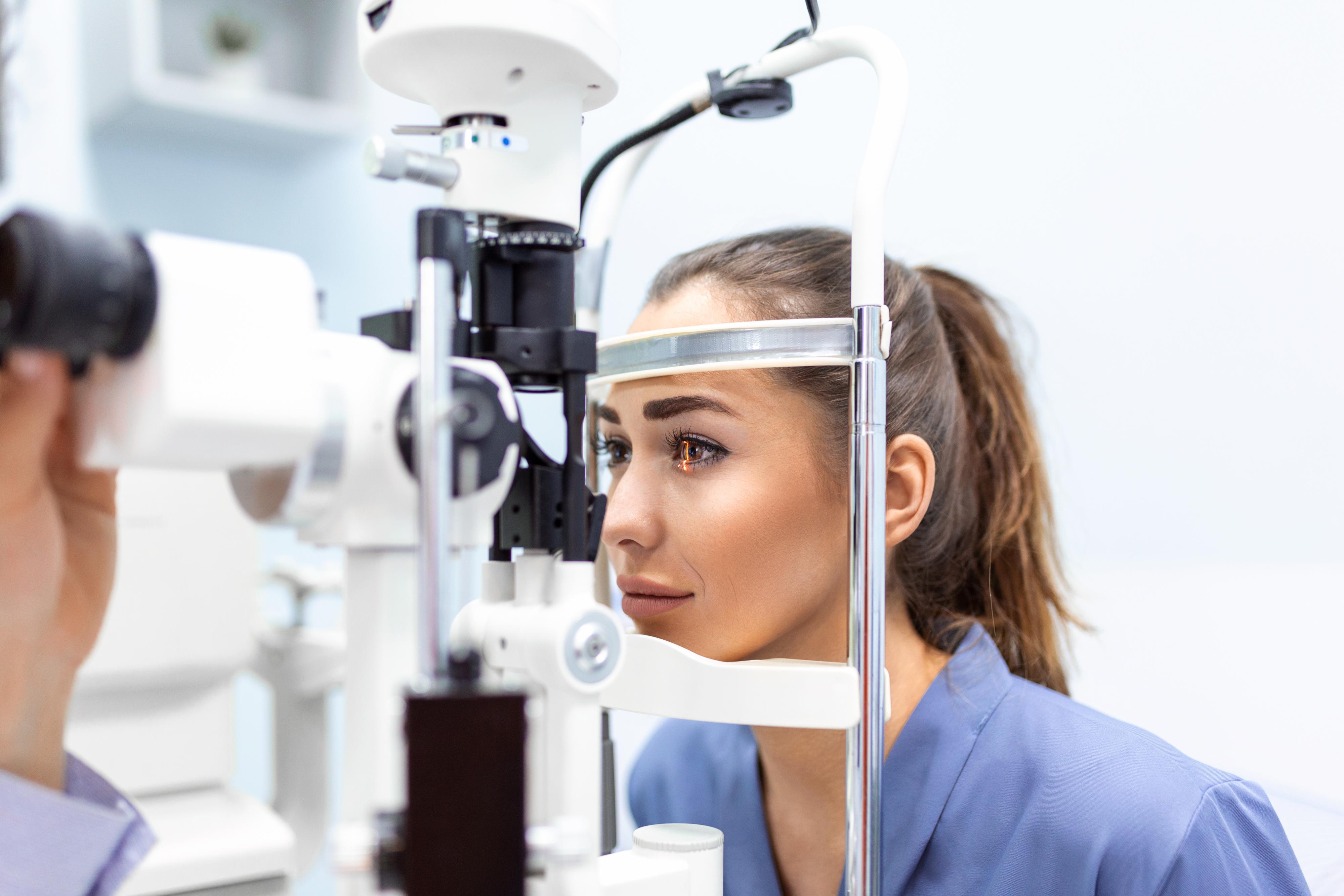 Woman receiving an eye exam.