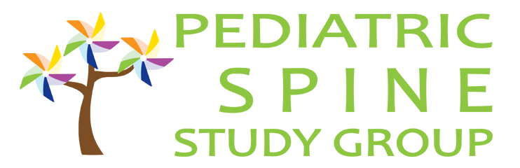 Logo for the Pediatric Spine Study Group. The words are in green. On the left is a tree with colorful pinwheels as the leaves.
