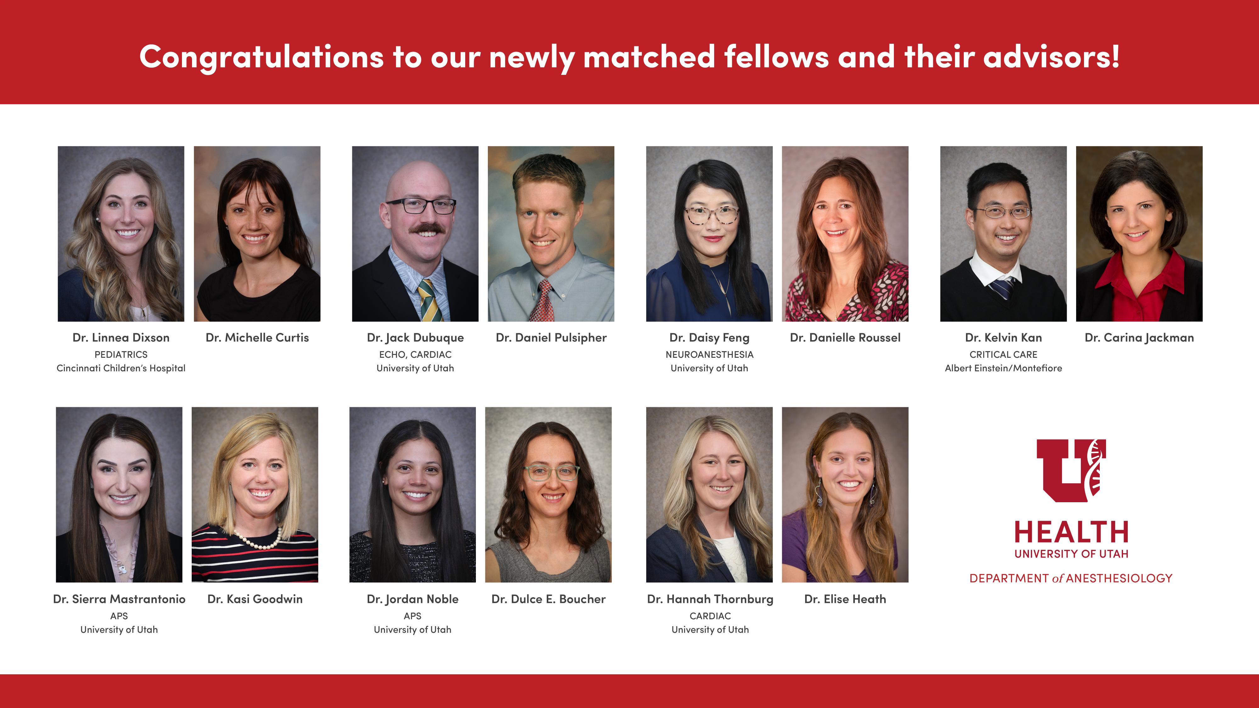 Photo composite of the Department of Anesthesiology's fellow matches and their advisors. 