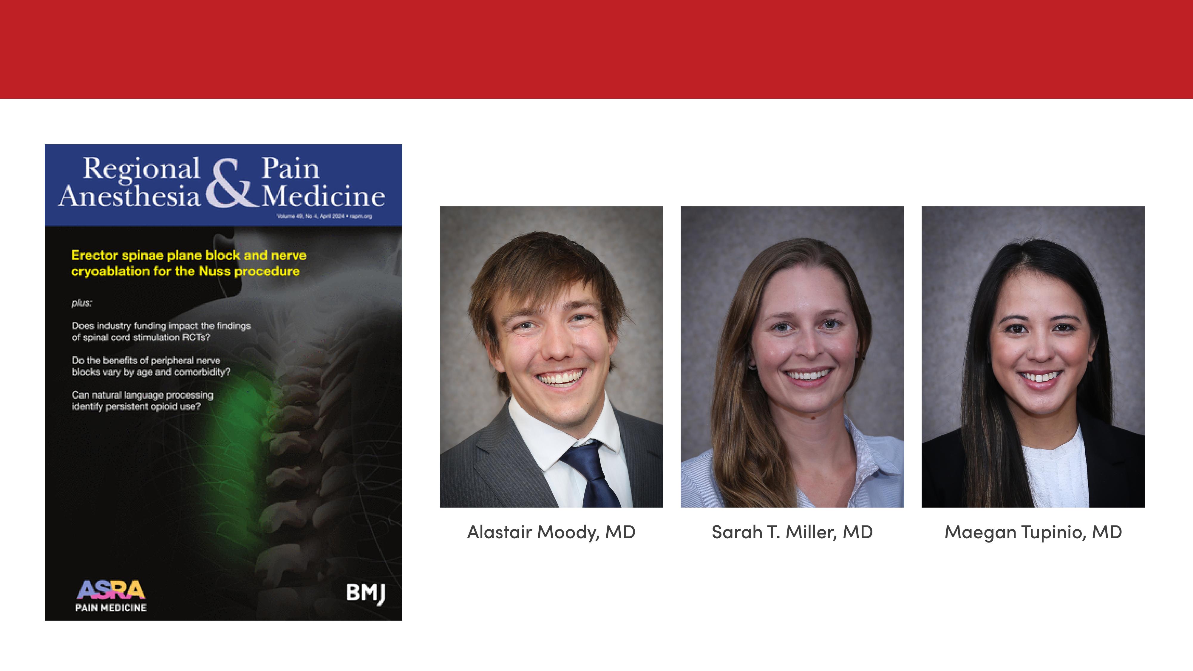 Portraits of Drs. Moody, Miller, and Tupinio next to the cover of the publication their article is in.
