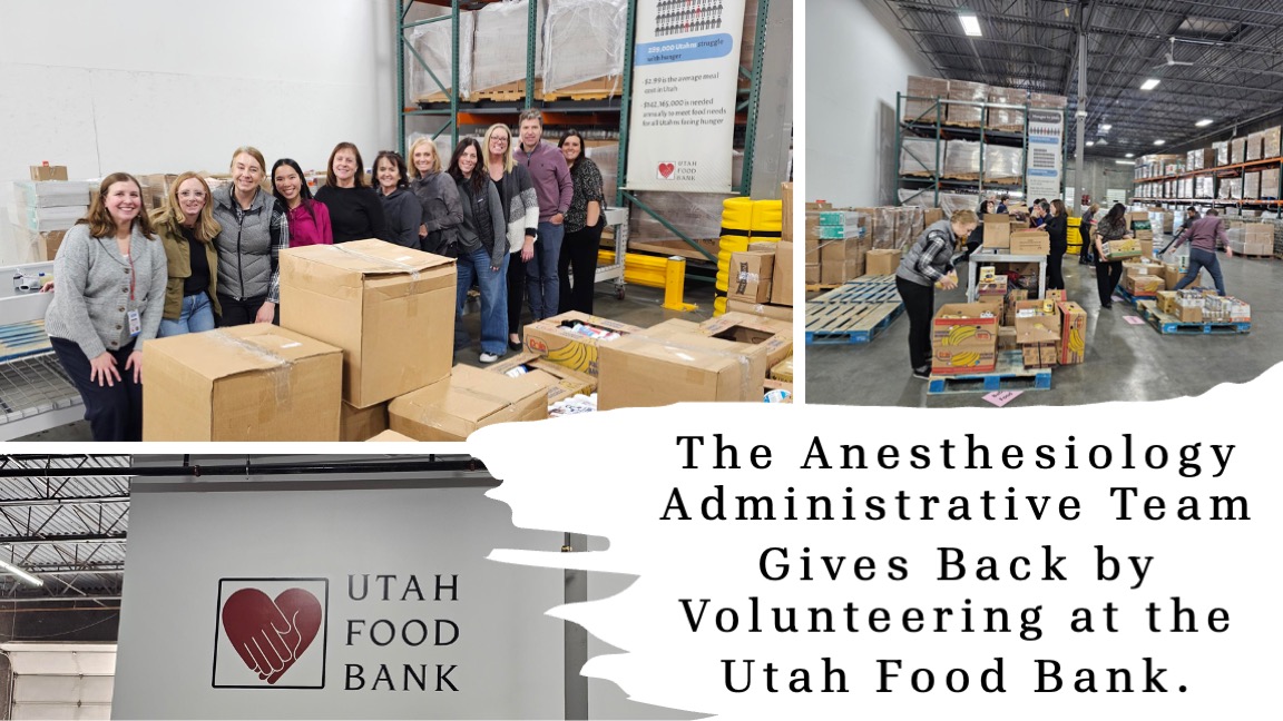 A grid of images of the anesthesiology administrative team volunteering at the Utah Food Bank. 
