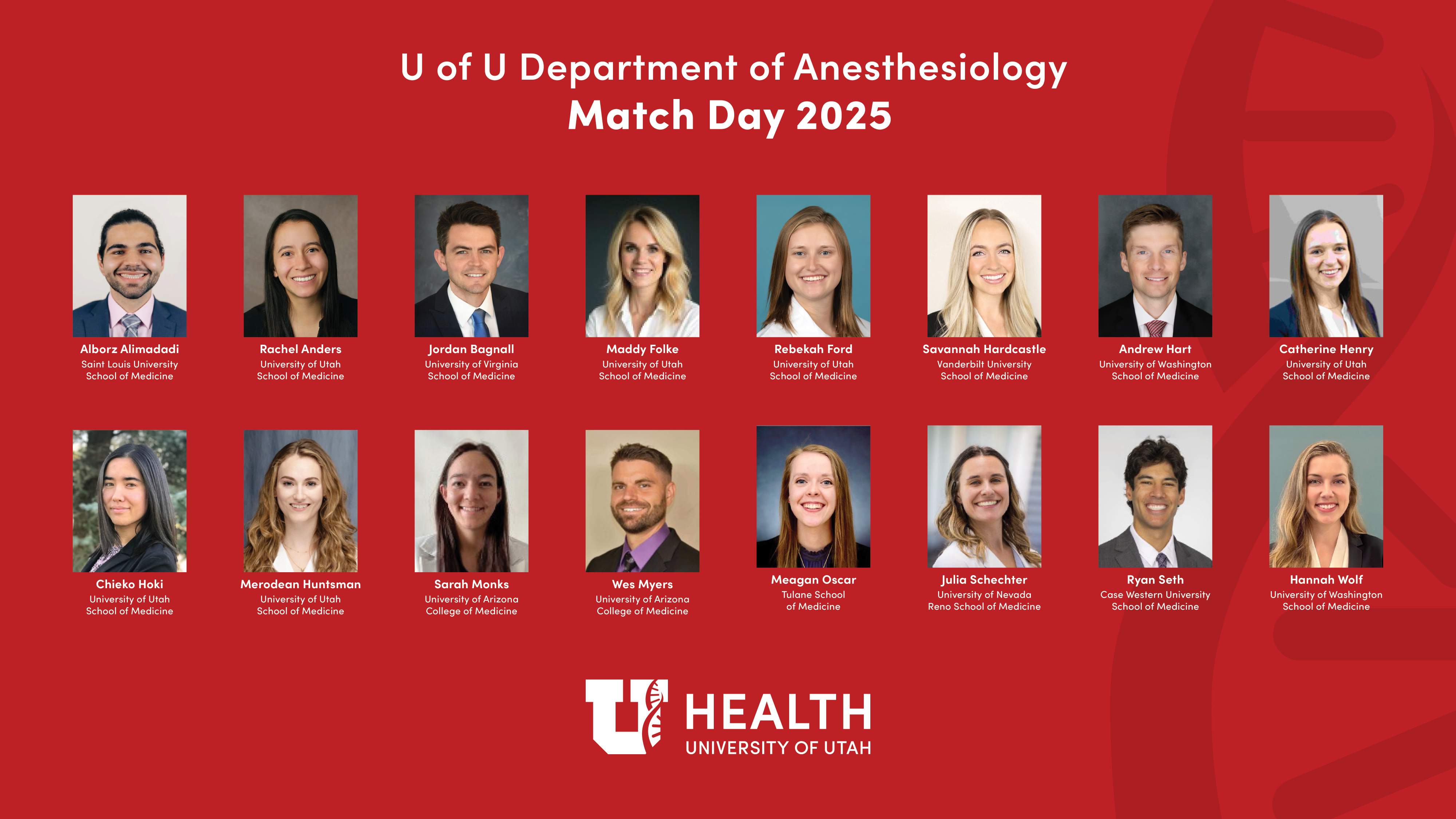 A graphic with portraits of incoming residents who matched with the University of Utah Department of Anesthesiology. There are two rows with eight images each. Text at the top reads "2025 Department of Anesthesiology Matches".