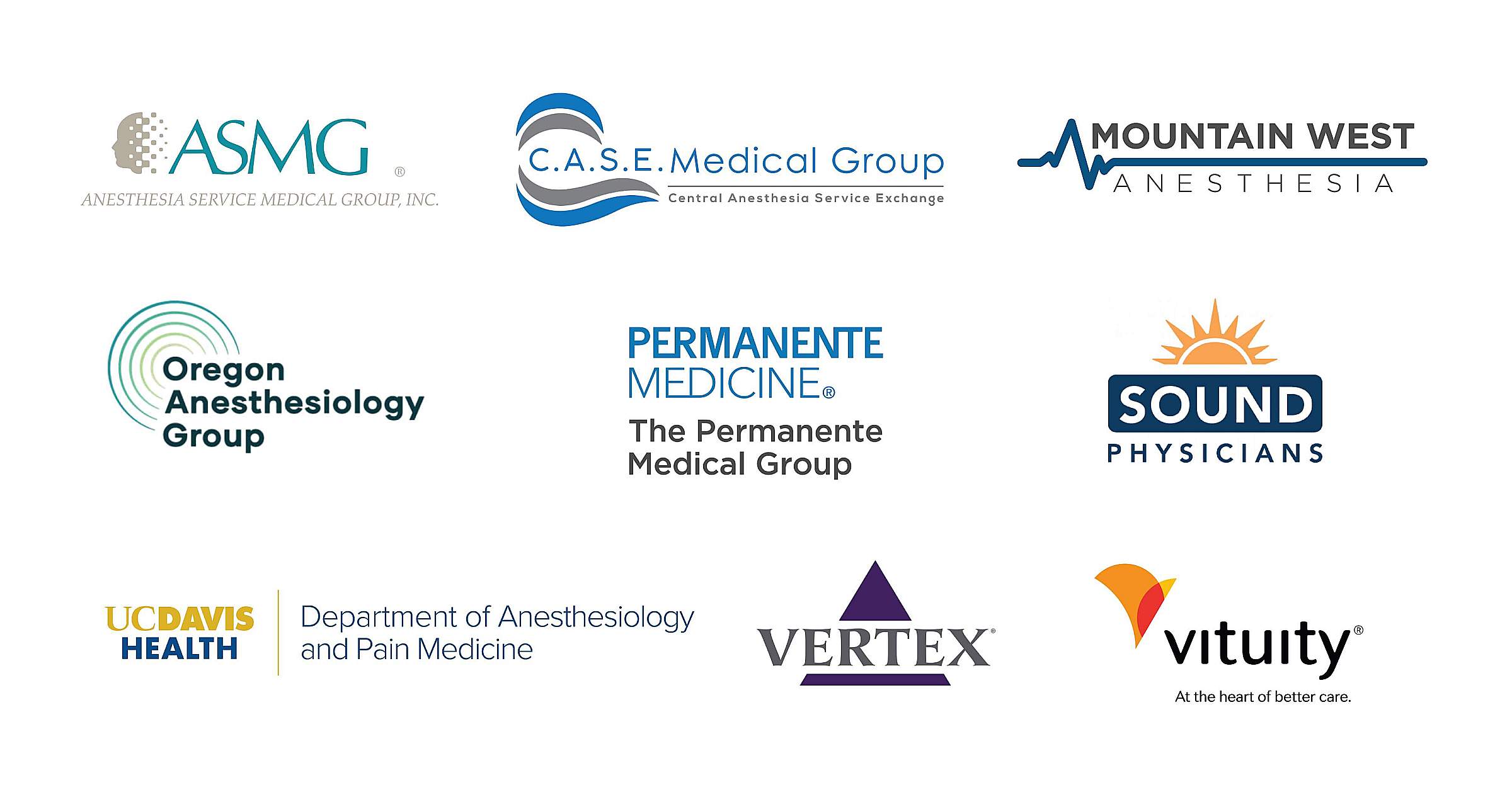 Silver Exhibitor Level Logos: ASMG (Anesthesia Service Medical Group), C.A.S.E. Medical Group, Mountain West Anesthesia, Oregon Anesthesiology Group, Permanente Medical Group, Sound Physicians, UC Davis Health Department of Anesthesiology and Pain Medicine, Vertex, and Vituity.