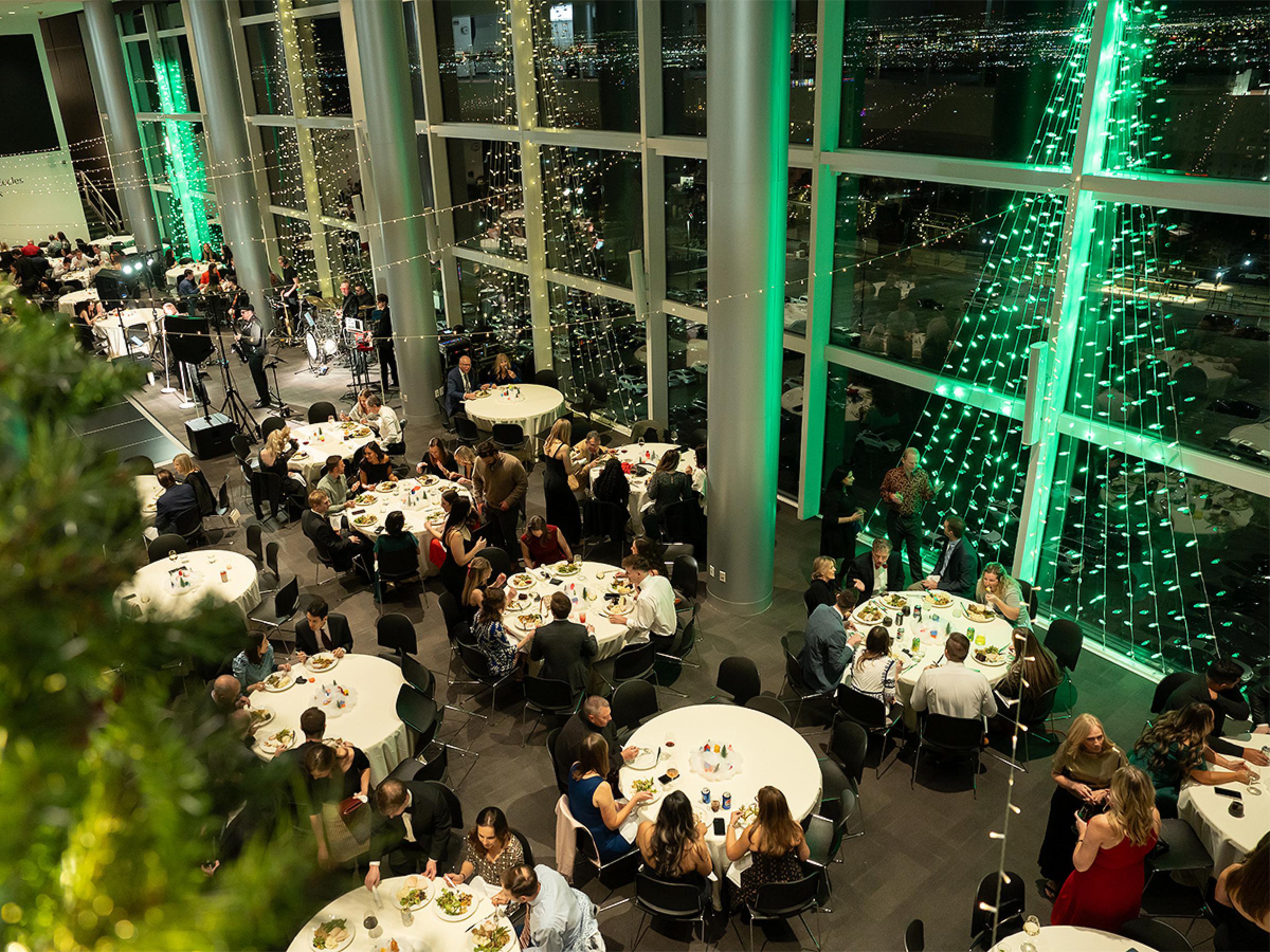 An aerial photo of the department party.
