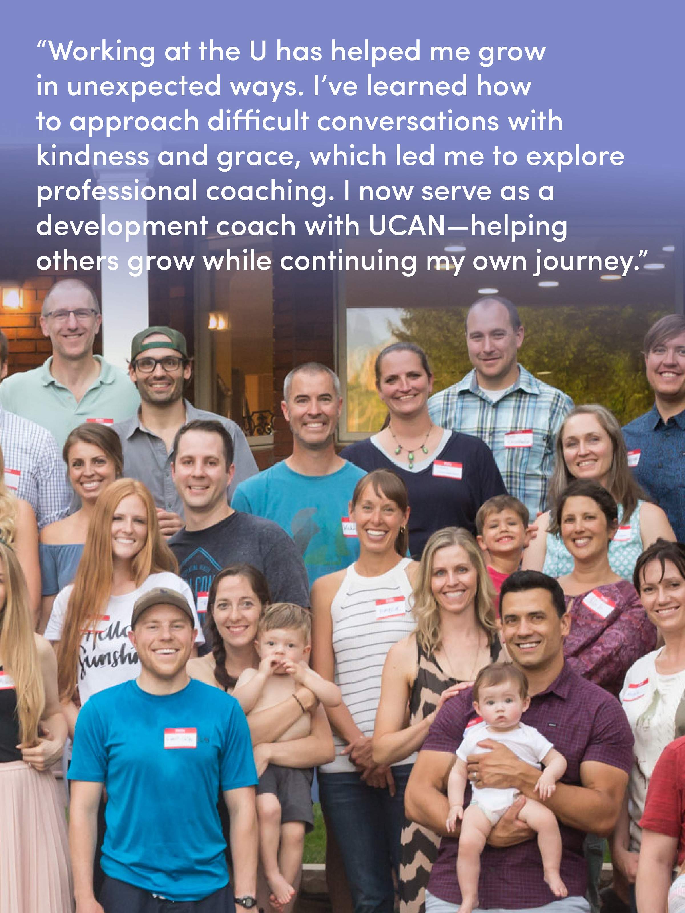 Dr. Bledsoe standing for a department group photo with text that reads, "“Working at the U has helped me grow in unexpected ways. I’ve learned how to approach difficult conversations with kindness and grace, which led me to explore professional coaching. I now serve as a development coach with UCAN—helping others grow while continuing my own journey.”