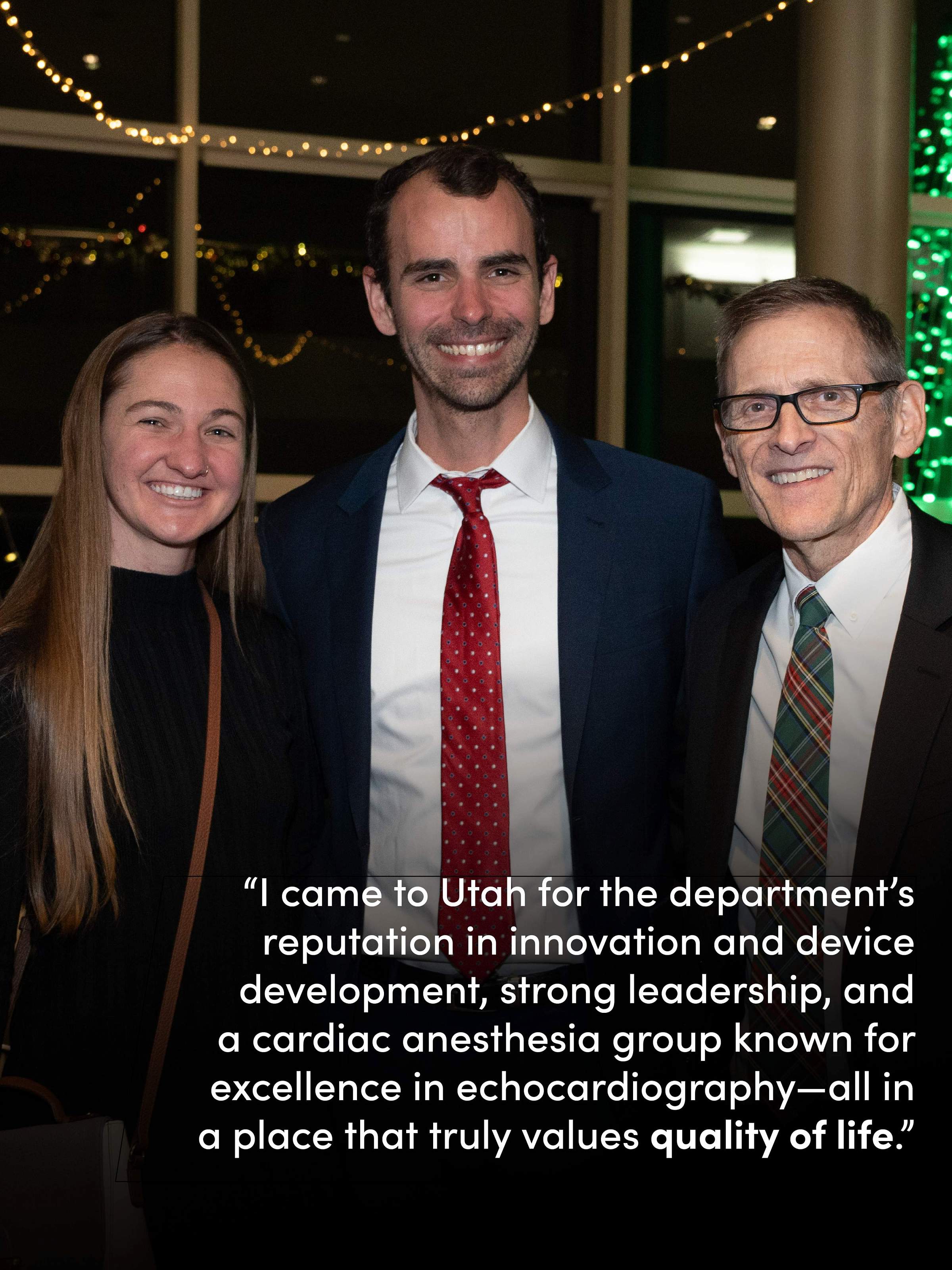 Dr. Guay alongside Ashley, and Dr. Egan at the 2024 Department of Anesthesia Holiday Party.