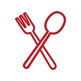 White fork and spoon icons on a red background.