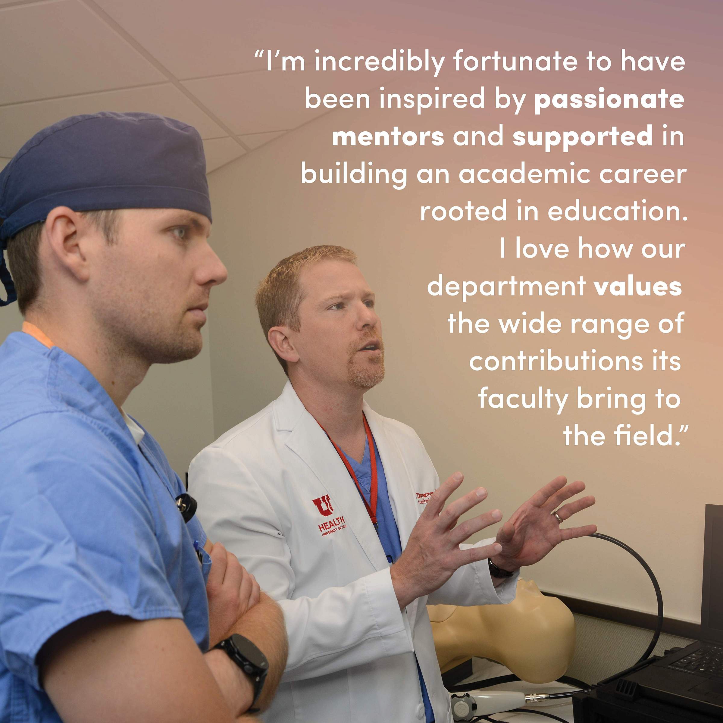 Dr. Zimmerman teaching with text that reads, "I’m incredibly fortunate to have been inspired by passionate mentors and supported in building an academic career rooted in education.  I love how our department values the wide range of contributions its faculty bring to the field.”