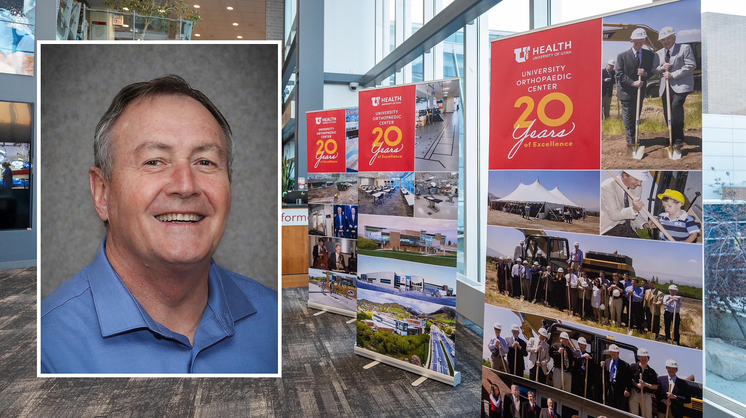A portrait of Dr. Swenson on top of a photo from the UUOC's 20 Years celebration.