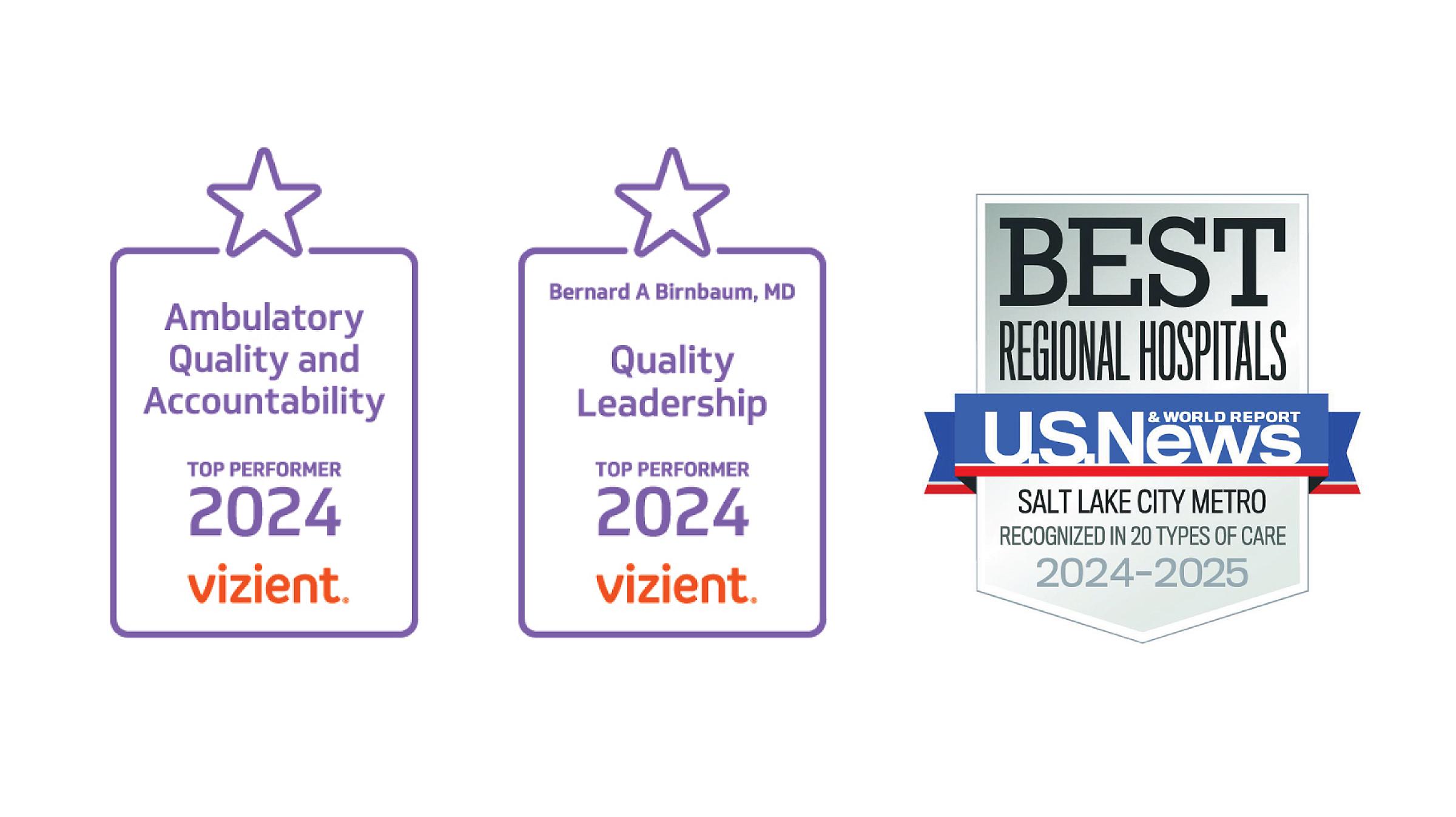 Awards from Vizient for Ambulatory Quality & Accountability Top Performer 2024 and the Bernard A. Birnbaum, MD Quality Leadership Award Top Performer 2024, next to the U.S. News & World Report Best Regional Hospitals, Salt Lake City Metro, Recognized in 20 types of care, 2024-2025 award.