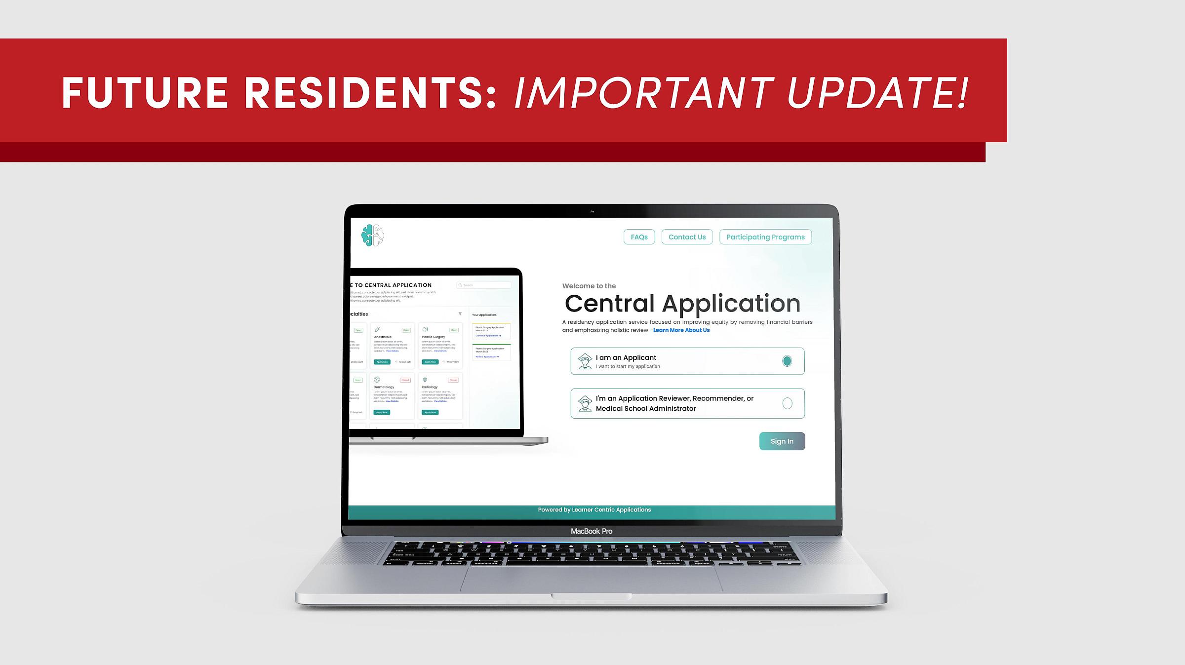 A MacBook Pro screen displaying the CentralApp website with text that reads, "Future residents: important update!"