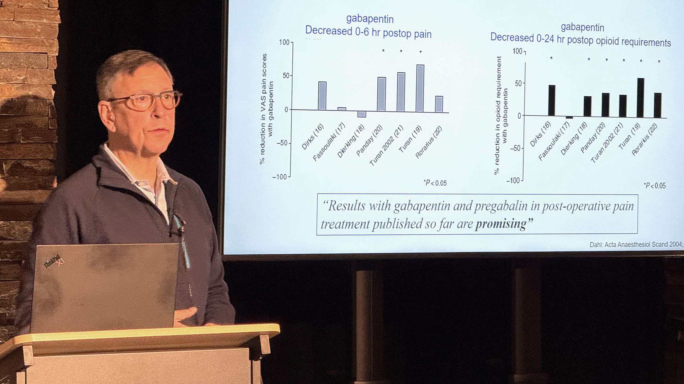 Dr. Evan Kharasch presents at a podium in front of a screen displaying research data concerning gabapentoids.