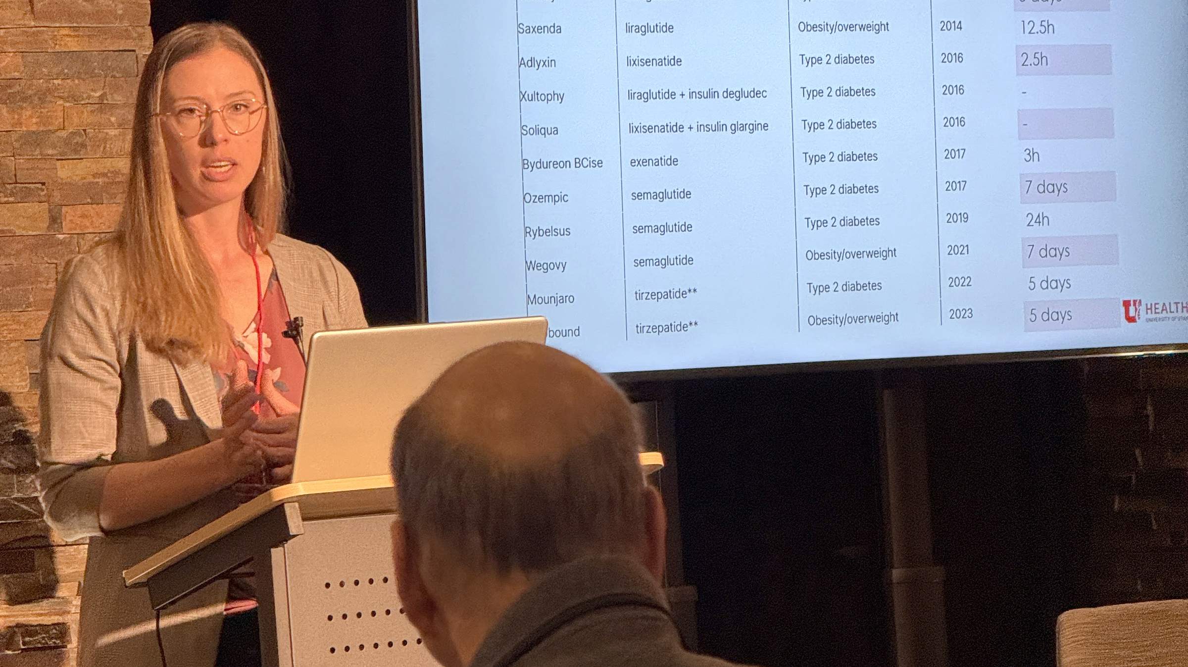 Dr. Emilee Borgmeier presents at a conference. She wears a pink button-down shirt and a grey blazer and stands at a podium in front of a screen displaying data.