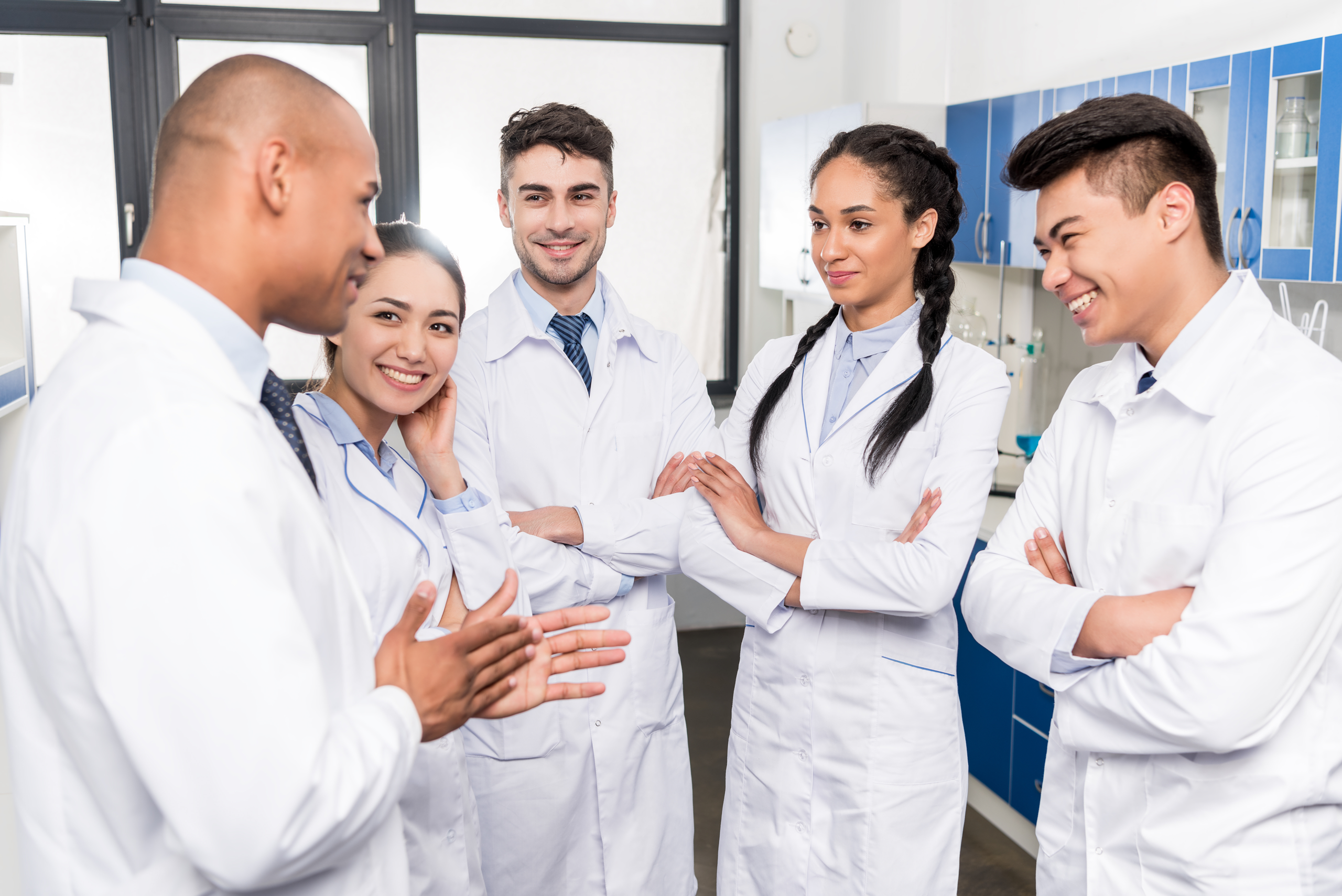 Medical students standing on stairs